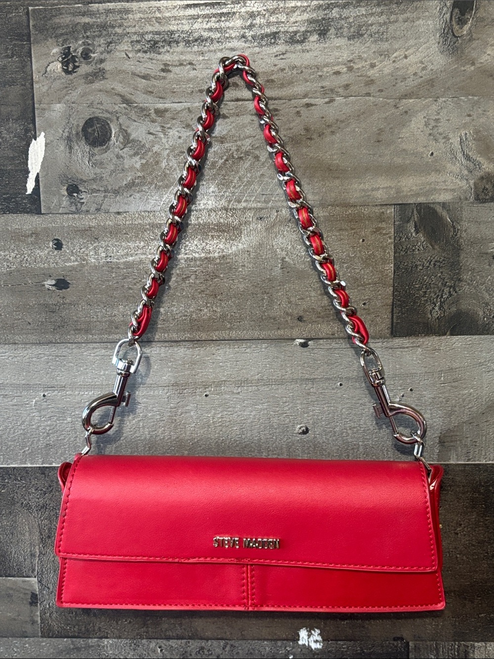 Steve Madden Red Leather Chain-Accent Shoulder Bag